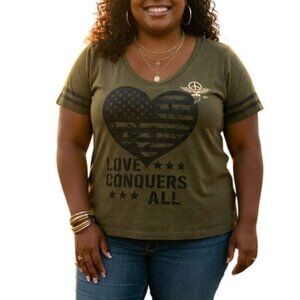 Fifth Sun Size XL Top Love Conquers All Heart Graphic Tee Shirt Olive Green